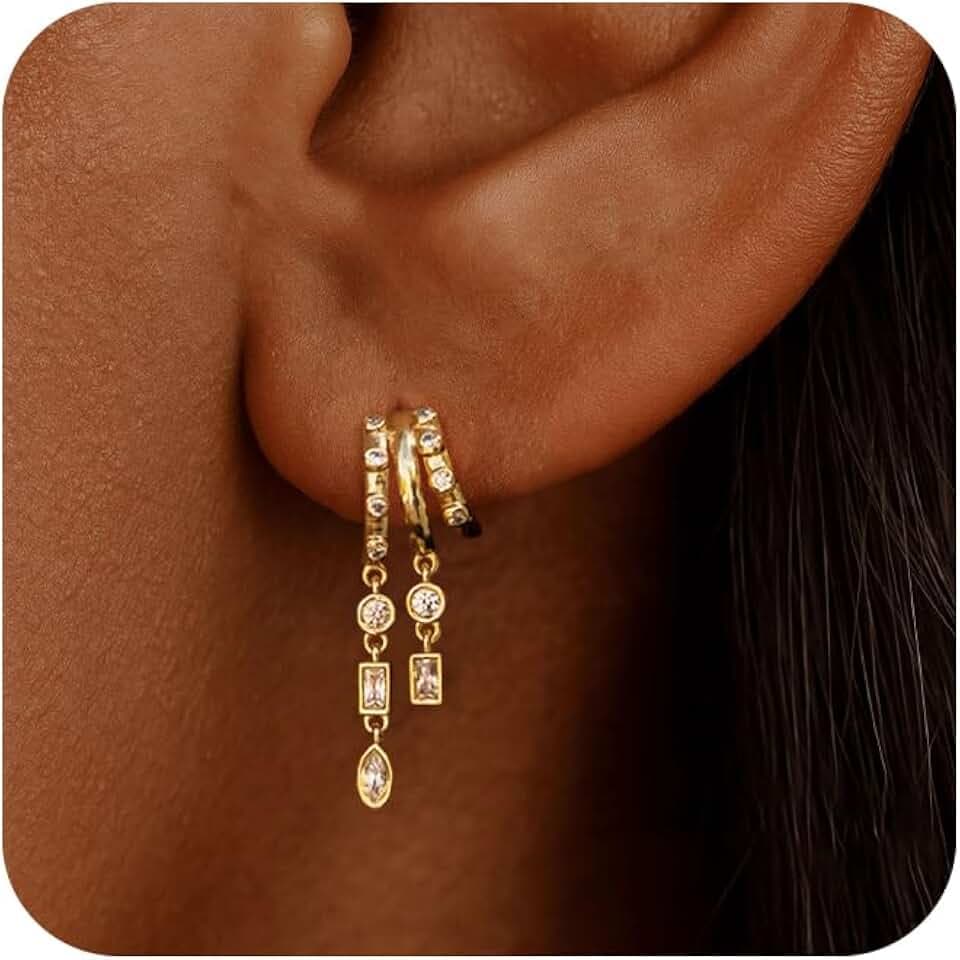 Dangle Earrings for Women,14k Gold Plated Triple Huggie Stud Earrings Cute Statement Chain Earring Dainty Drop Earrings for Women Trendy Gold Plated Jewelry