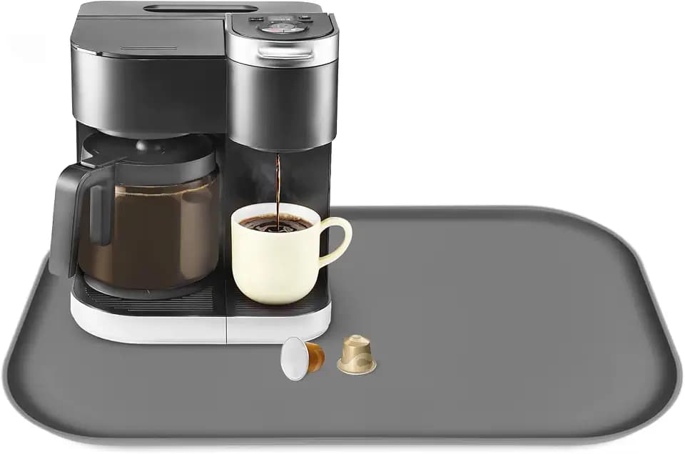 Silicone Coffee Maker Mat with Lip for Countertops, 24'' x 16'', Grey