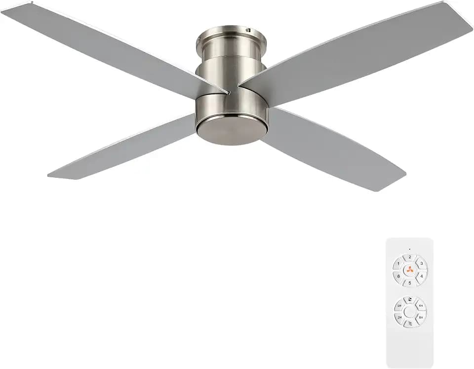 WINGBO 44" Flush Mount DC Ceiling Fan without Lights, 4 Reversible Plywood Blades, Quiet 6-Speed DC Motor, Hugger Low Profile Ceiling Fan No Lights for Bedroom, Brushed Nickel Finish