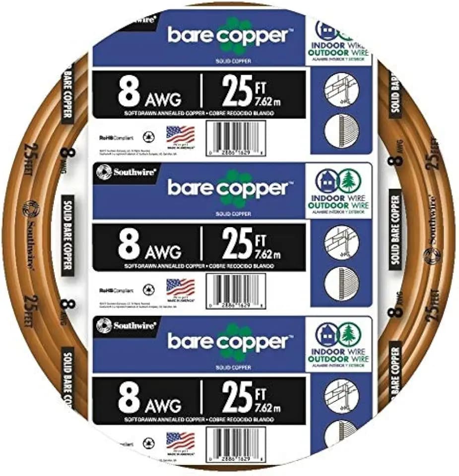 Southwire 8-Gauge Bare Copper Wire – Solid Soft‑Drawn Uninsulated Copper Conductor for Grounding & Electrical Applications, 25ft