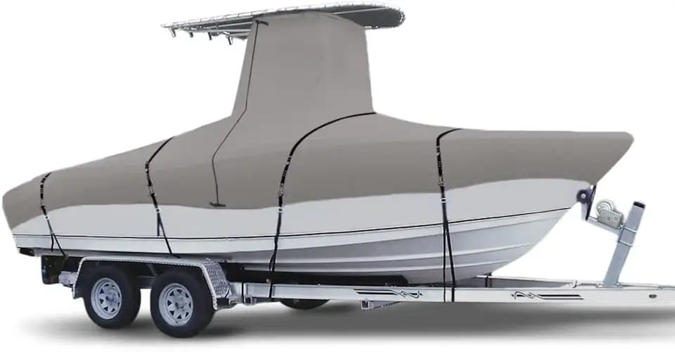 900D Marine Grade Fade and Tear Resistant Trailerable T-Top Boat Cover,Heavy-Duty Waterproof and UV-Proof TTOP Boat Storage Cover with Windproof Metal Buckle Straps Fit 26ft-28ft Long(Gray)
