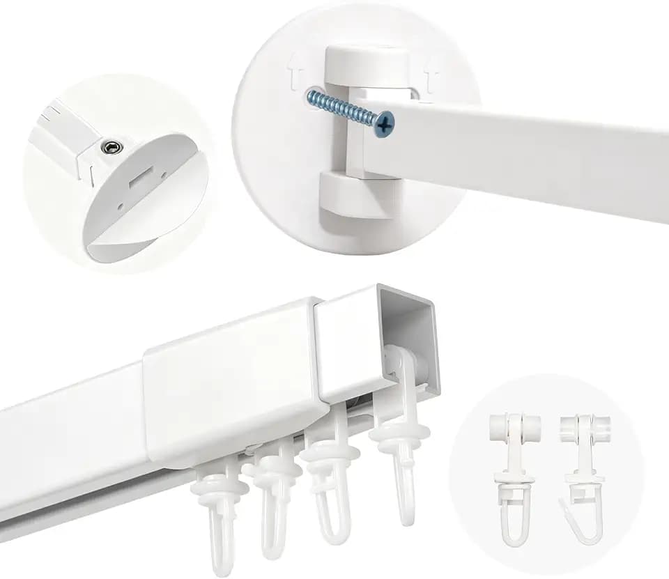 White Shower Curtain Track Rod for Bathroom, 36-63 In (3-5.2Ft) Adjustable, 1.2mm Thick White Aluminum with 180° Rotating Brackets – Adhesive or Drill Installation, Rustproof, Smooth Gliding