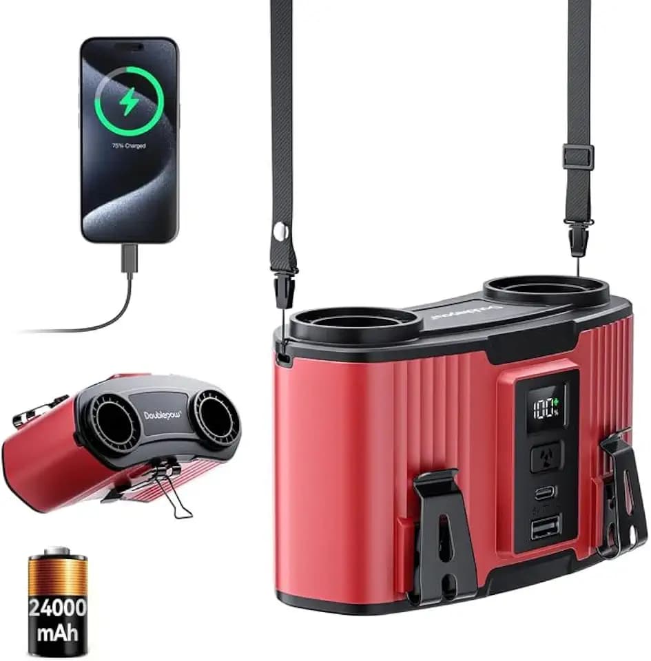 Doublepow 24000mAh Portable Waist Fan, Personal Fan, Dual Air Ducts Motors, Rechargeable Clip On Belt for Working, 10 Speeds 45H Wearable Neck Cooling, for Outdoor Work Travel, Power Outage (Red)