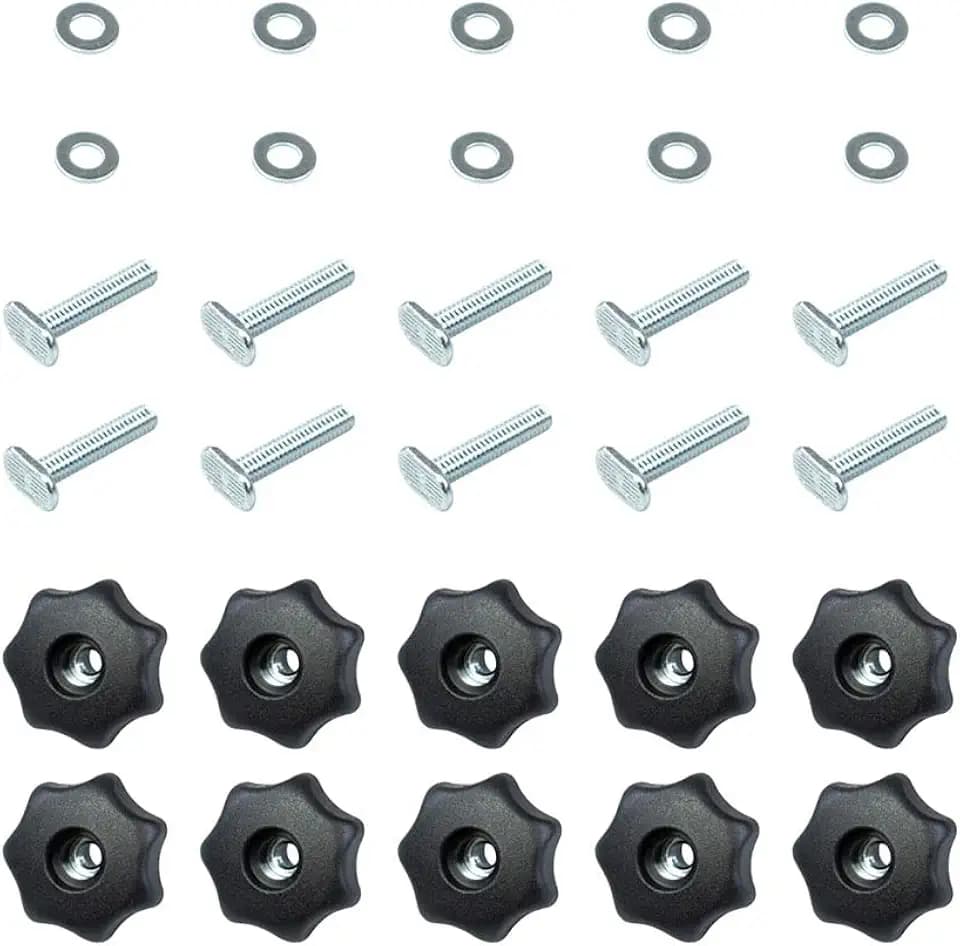 POWERTEC 71481 T Track Knob Kit w/ 7 Star Knob, 1/4-20 Threaded Bolts and Washers, 10 Pack, T Track Bolts, T Track Accessories for Woodworking Jigs and Fixtures
