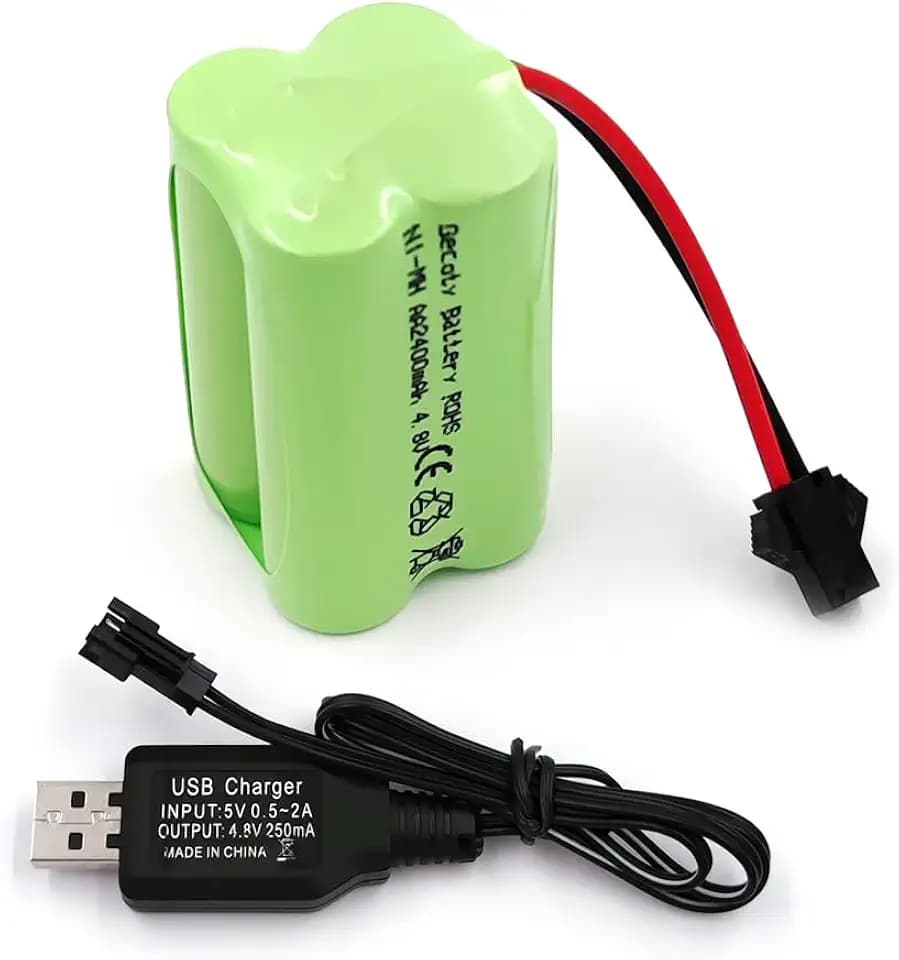 4,8V NI-MH Akku, 2400mAh wiederaufladbarer AA Akku (Nicht AAA) mit SM Stecker, geeignet für ferngesteuertes Spielzeug, Elektrowerkzeuge, Haushaltsgeräte, mit USB Ladekabel