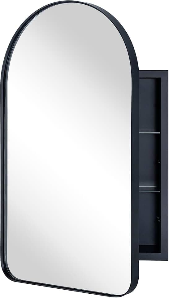 Matt Black Arched Recessed Bathroom Medicine Cabinet with Mirror Stainless Steel Metal Framed Rectangular Bathroom Cabinet with Mirror 16x28.3''