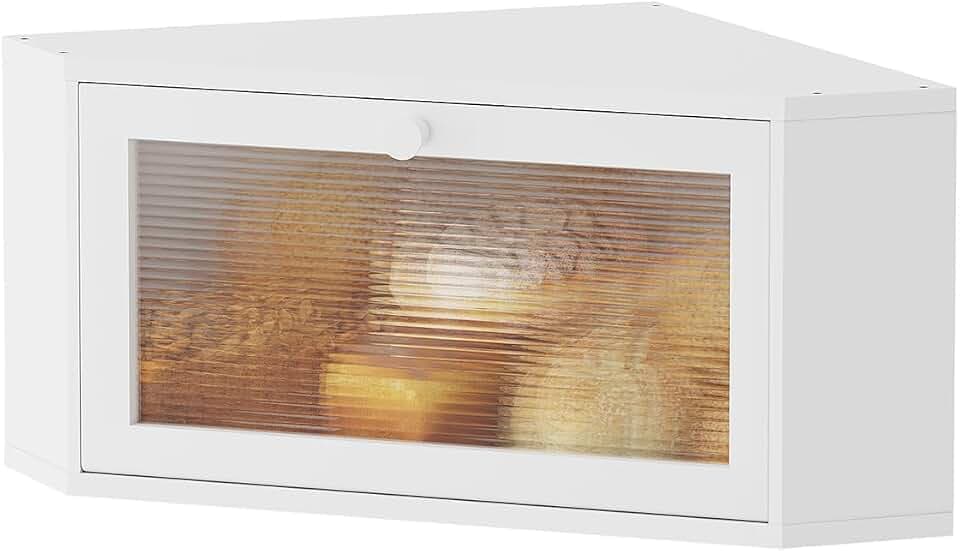 kiplant Corner Bread Box for Kitchen Countertop - Bamboo Wood, Wavy Acrylic Door, Bread Storage Container, Large Bread Holder (White, Medium)