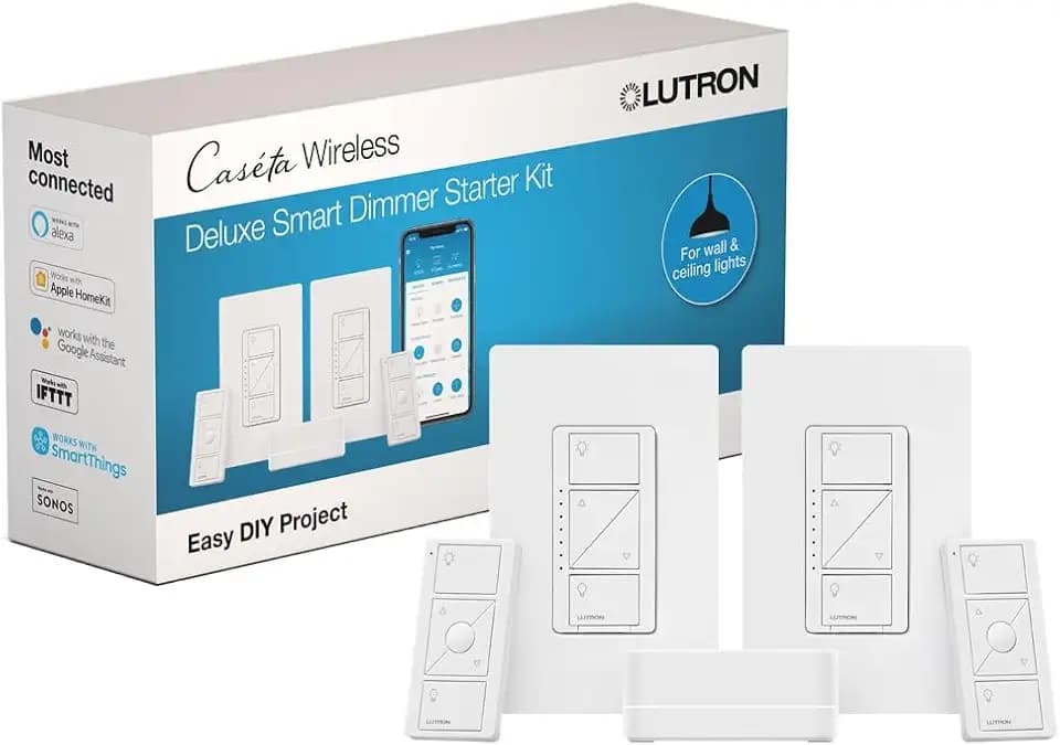 Lutron Caseta Deluxe Smart Dimmer Starter Kit; 2 Smart Dimmers, Hub & More