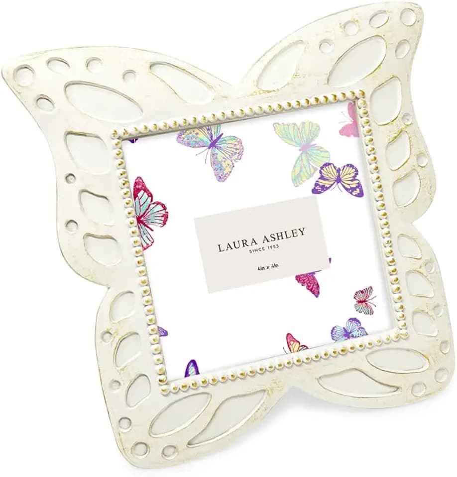 Laura Ashley 4x4 White with Gold Butterfly Picture Frame with Dotted Edges
