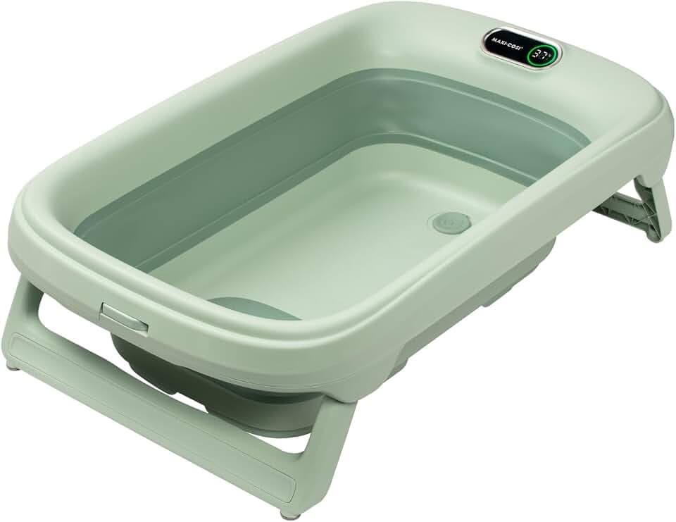 Maxi-Cosi Indigo Faltbare Badewanne Baby, 0-4 Jahre, Geräumige Mobile Badewanne Kleinkind, Integriertes HighSense Thermometer, Rutschfest, Klappbarer Hängehaken, Flach Faltbar, Sage Green