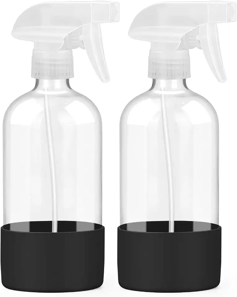 Glass Spray Bottles - 2 Pack 16 oz Clear Spray Bottles with Silicone Sleeve