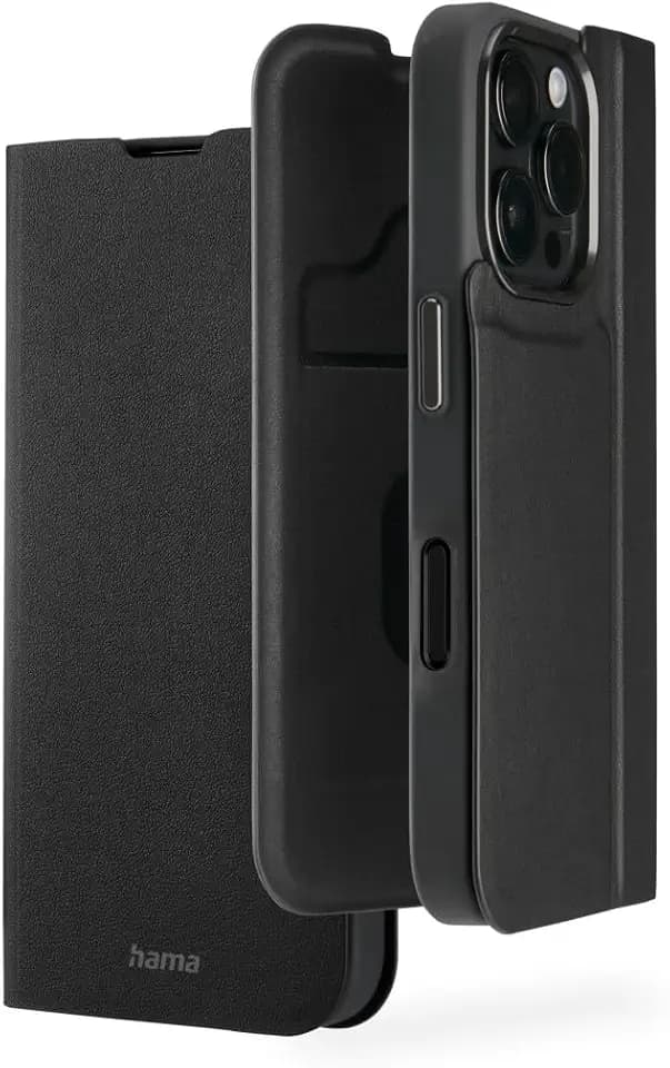 Hama Handyhülle für iPhone 16 Pro (Handytasche, Etui mit Kartenfach, Kunstleder, Metallelemente, Standfunktion, extra Schutz von Display und Kamera, mit Magnet, Klapphülle, recycelt) schwarz