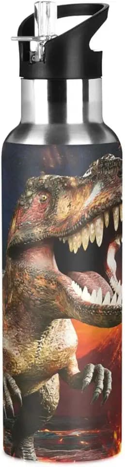 Dinosaur 3D T-Rex Water Bottle with Straw Lid Kids Insulated Stainless Steel Water Flask Sports, 20 Oz Hot Cold