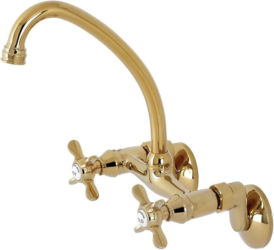 Kingston Brass KS114PB Essex Two Handle Wall Mount Kitchen Faucet, Polished Brass