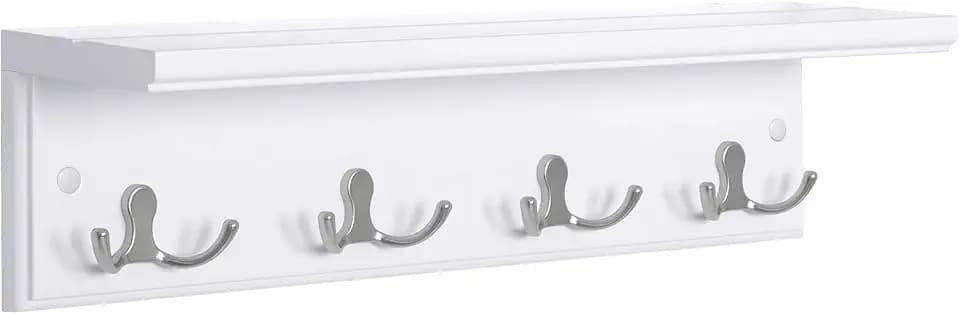 SONGMICS Wall-Mounted Coat Rack with Shelf, 4 Dual Metal Hooks