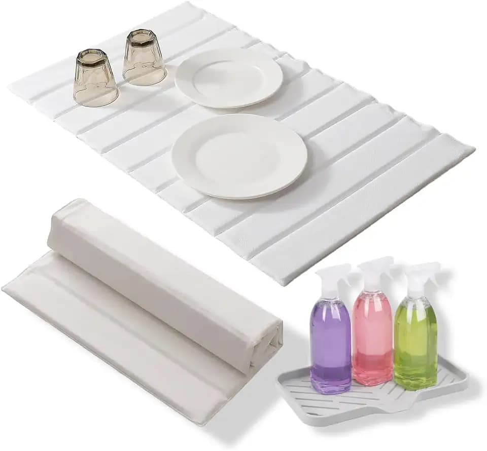 Stone Dish Drying Mat for Kitchen Counter with Silicone Sink Mat, Extra Large 24.8"x16", Super Absorbent Diatomaceous Earth & Microfiber, Foldable Drying Pad for Dishes Bottles Cups – Non-Slip- White