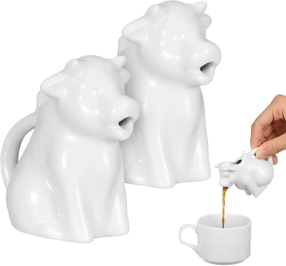 STOBAZA 2 Ceramic Pitchers For Cream Cow Figures Gravy Boat Animal Shape Milk Jug Cup Coffee Syrup Server Sauce Bowl For Salad Tea Milk Pourer, 7X8X4CM, White
