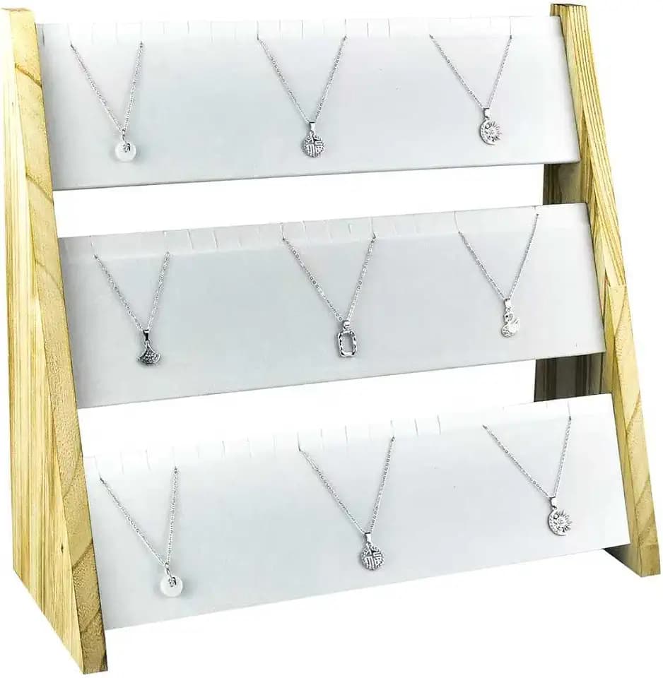 15.75''x14.37''x6.3'' Three Tier 72 Slot Wood Necklace Display Stand with Velvet Mat Tabletop Jewelry Stand Storage (White)
