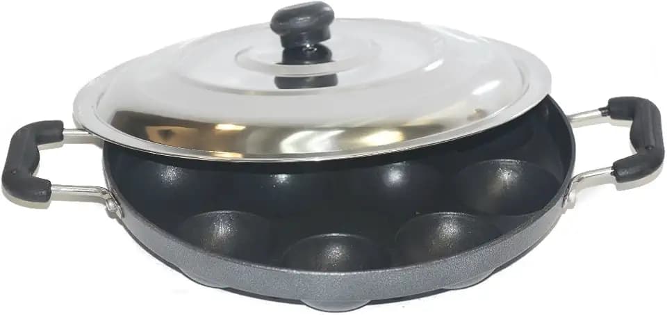 Tabakh AppamPatra Paniyaram Non Stick Appam Pan with Stainless Steel Lid, 9.5"