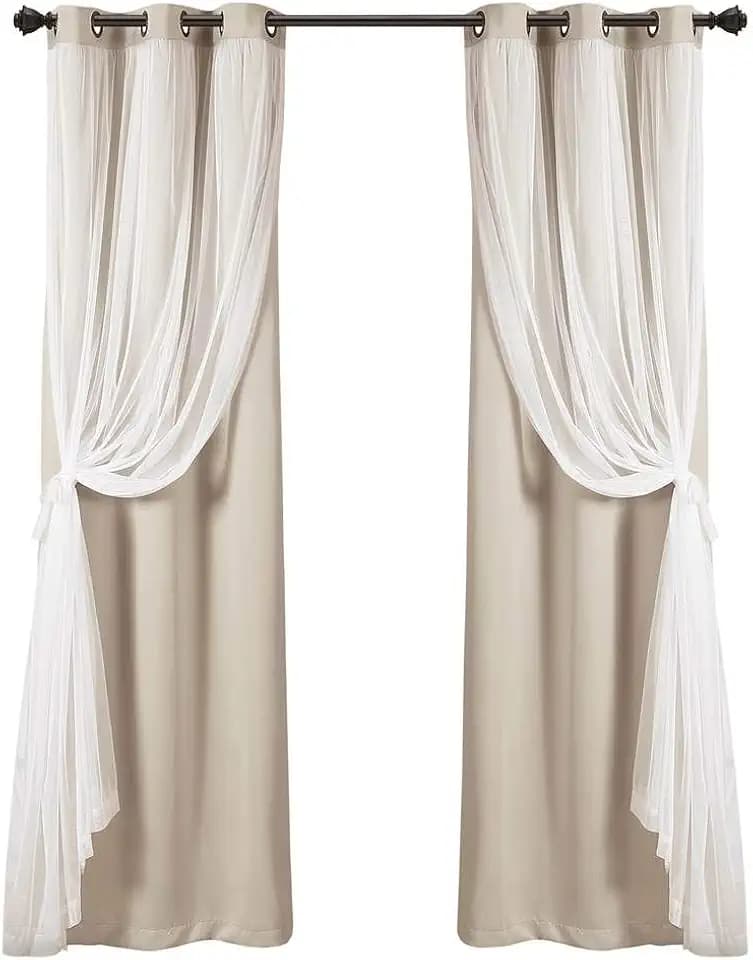 Lush Decor Sheer Grommet Curtains With Insulated Blackout Lining, Window Curtain Panels, Pair, 38"W x 108"L, Wheat - Curtain With Sheer Overlay, Elegant Blackout Curtains for Bedroom