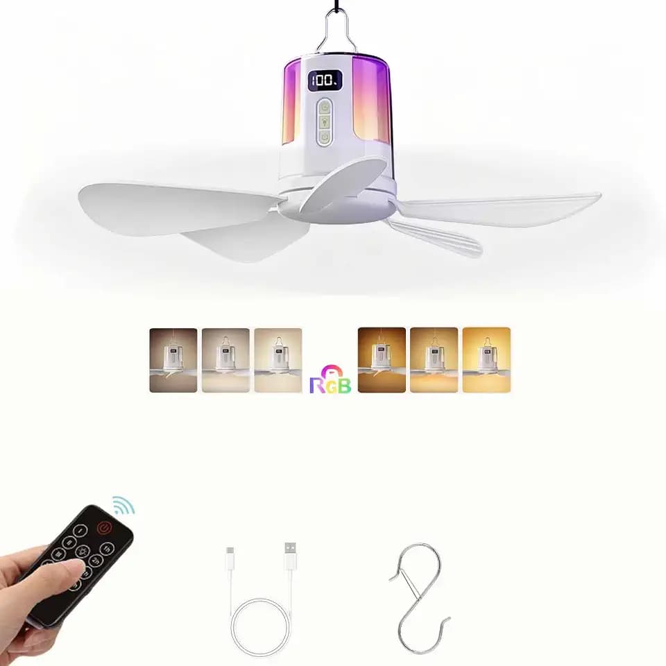Portable Camping Fan with Light, 16″ Rechargeable Tent Ceiling Fan, 10800mAh Battery, 3 Color Temperature & RGB Adjustable Lighting, Detachable Blades for Camping, RV, Patio (White)