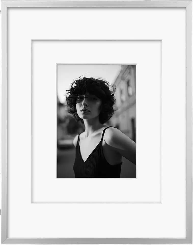 Egofine 11x14 Picture Frame, Display 5x7 or 8x10 Photos with Mat, Silver Metal Thin Aluminum Frame for Tabletop and Wall Mounting, Covered by Plexiglass, 1 Pack