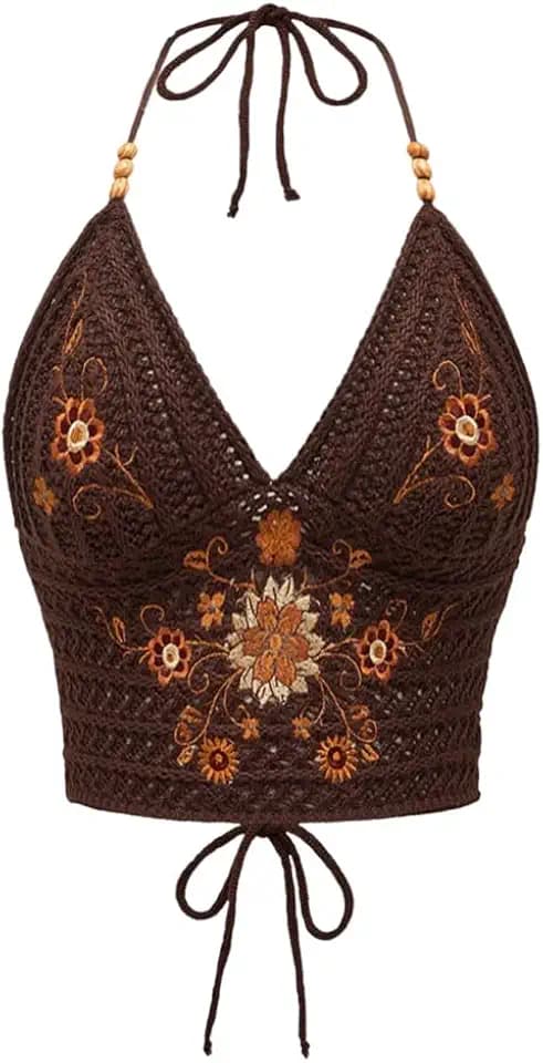 SHENHE Women's Crochet Top Boho Halter Crop Tops Tie Backless Hippie Top