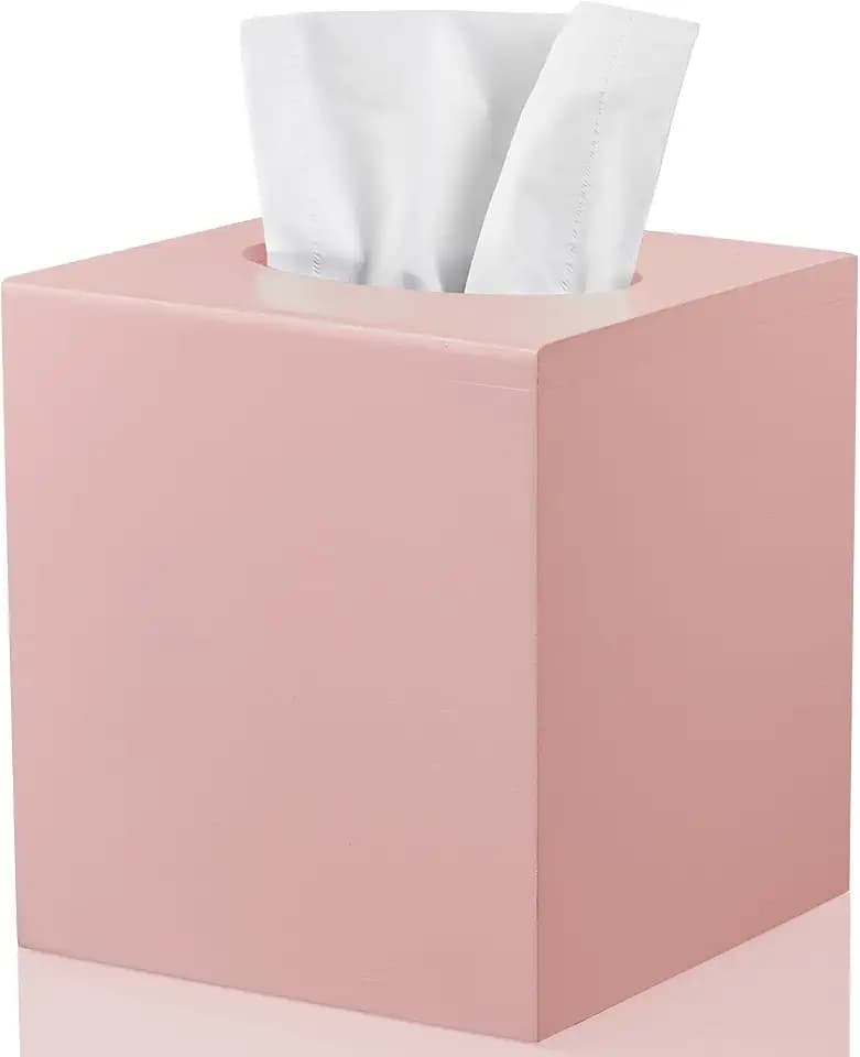 Pink Tissue Box Cover Square - Wood Tissue Box Holder for Tabletop Night Stands Bathroom Office - Decorative Facial Cube Tissue Box Dispenser
