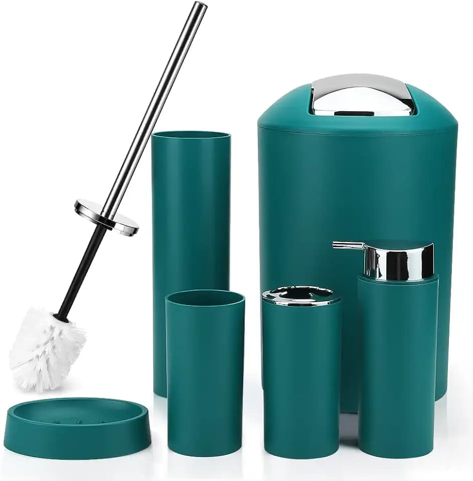 Otostar Bathroom Accessory Set 6 Piece Housewarming Gifts Plastic Bathroom Accessories Set Includes Toothbrush Holder Soap Dispenser Tumbler Soap Dish Toilet Brush Holder Trash Can (Dark Green)
