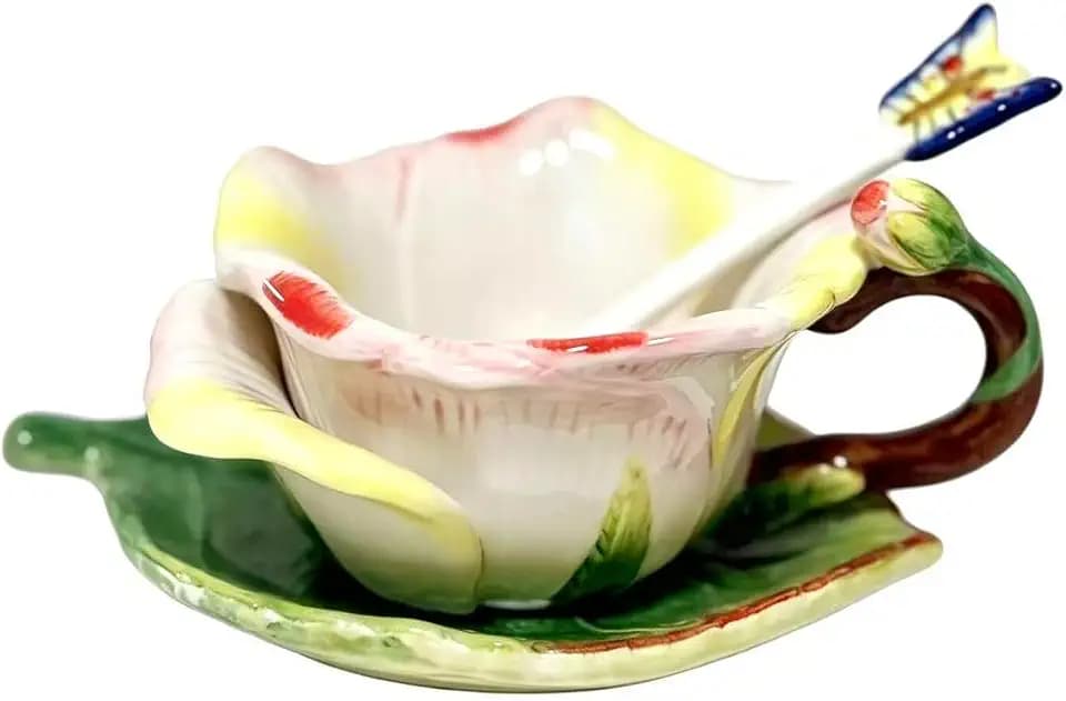 Ceramic Tea Cup and Saucer Set ,6OZ 3D Hand-Painted Flower and Lotus Leaf Coffee Mug,Gift for Women- Champagne Rose