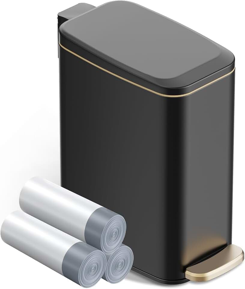 KSSKSS Small Bathroom Trash Can with Lid Soft Close, Step Pedal, 6L / 1.6 Gal Stainless Steel Garbage Bin with Removable Inner Bucket, Slim Wastebasket for Narrow Spaces (Black)