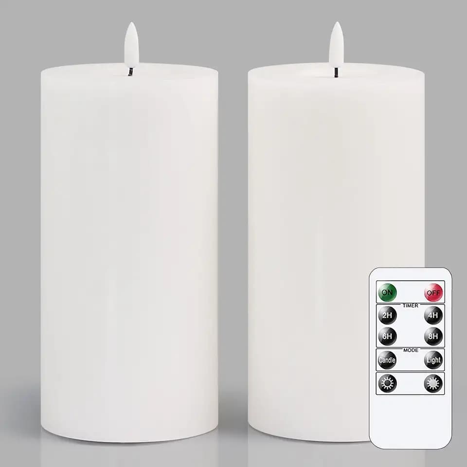 Flameless Flickering D: 4" H: 8" Real Wax White Remote Candles with Candle Grease, Pack of 2 Timer LED Battery Operated Fake Warm Light Pillar Candles for Home, Banquet, Ceremony Decoration