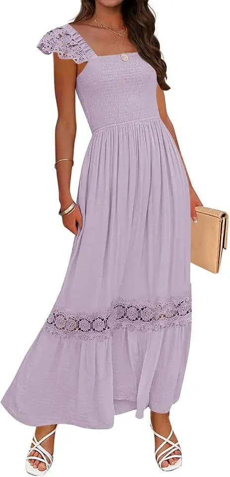 ZESICA Women's Lace Strap Sleeveless Square Neck Smocked Flowy Maxi Dress