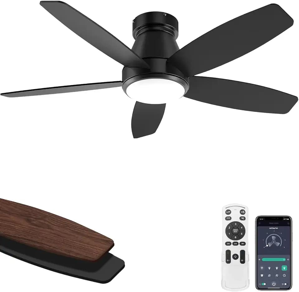 42 Inch Ceiling Fans with Lights, Quiet Reversible Fan with DC Motor, Remote & APP Control, 6-Speed, 3 Color Temperatures, Dimmable, Ceiling Fan for Home Office, Kitchen, Black