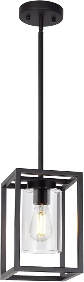 1 Light Farmhouse Pendant Lighting Black Cage Chandelier Glass Shade Contemporary Modern Kitchen Island Lights Fixtures Ceiling Hanging Dining Room Living Room