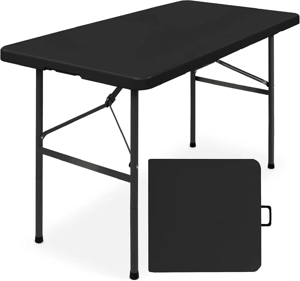 Simpli-Magic 4ft Portable Plastic Folding Table – Indoor & Outdoor Heavy-Duty Foldable Utility Table w/Handle for Party & Camping (Black)
