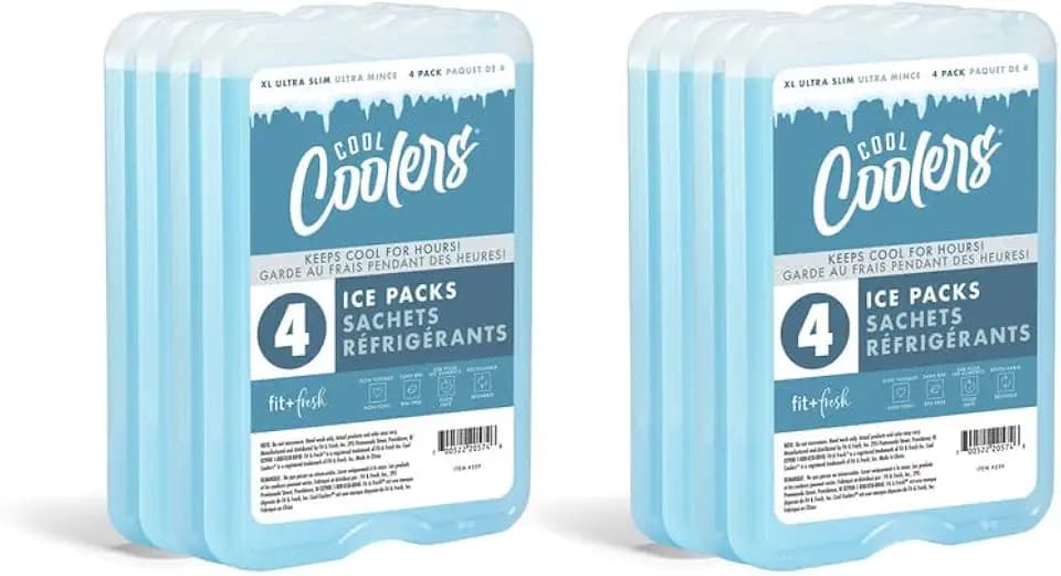 Cool Coolers by Fit & Fresh 4 Pack XL Slim Ice Packs, Quick Freeze Space Saving Reusable Ice Packs for Lunch Boxes or Coolers