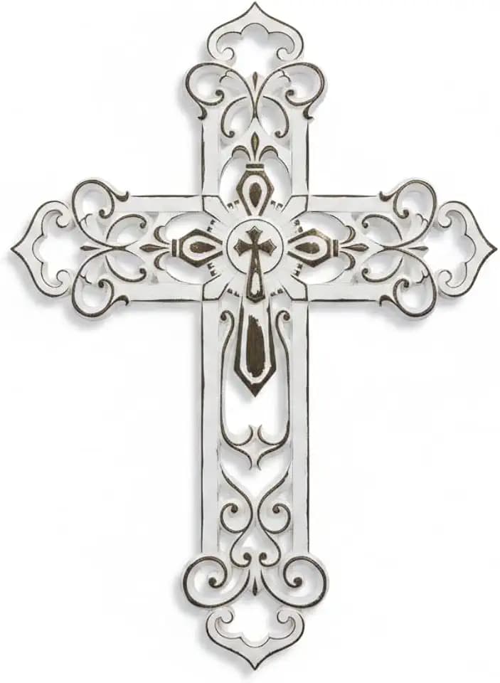Comfy Hour 13.3 Inch Vintage White Cross Wall Decor, Scrollwork Wall Cross