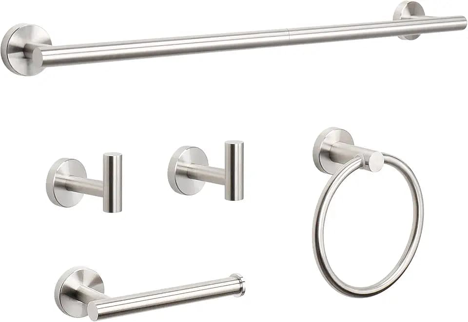 NearMoon 5 Pieces Bathroom Hardware Set SUS304 Thicken Stainless Steel-Towel Rack Kit Include 26" Towel Rod +Bath Towel Ring +Toilet Paper Holder +2 Robe Towel Hooks Bath Accessories (Nickel)