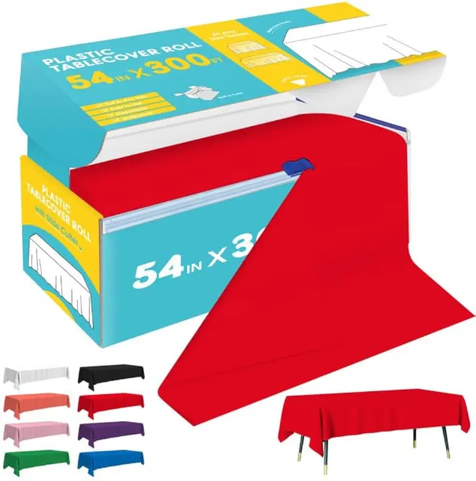 Niuara Red Plastic Table Cover Roll - 54IN x 300FT, Table Cloth for Rectangle Table with Slide Cutter, Plastic Table Cloth Disposable with Cut-to-Size Design for Weddings, Banquets, Parties