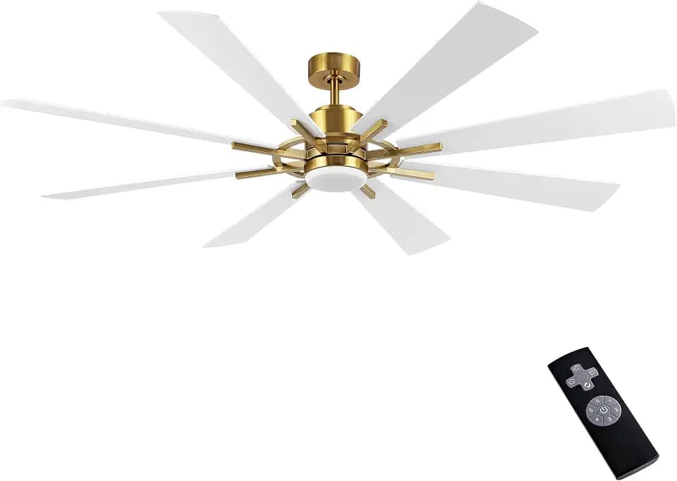 WINGBO 60" DC Ceiling Fan with Lights and Remote Control, Gold and White Ceiling Fan, 8 Plywood Blades, 6-Speed Reversible DC Motor, Modern Ceiling Fans Indoor for Kitchen Bedroom Living Room
