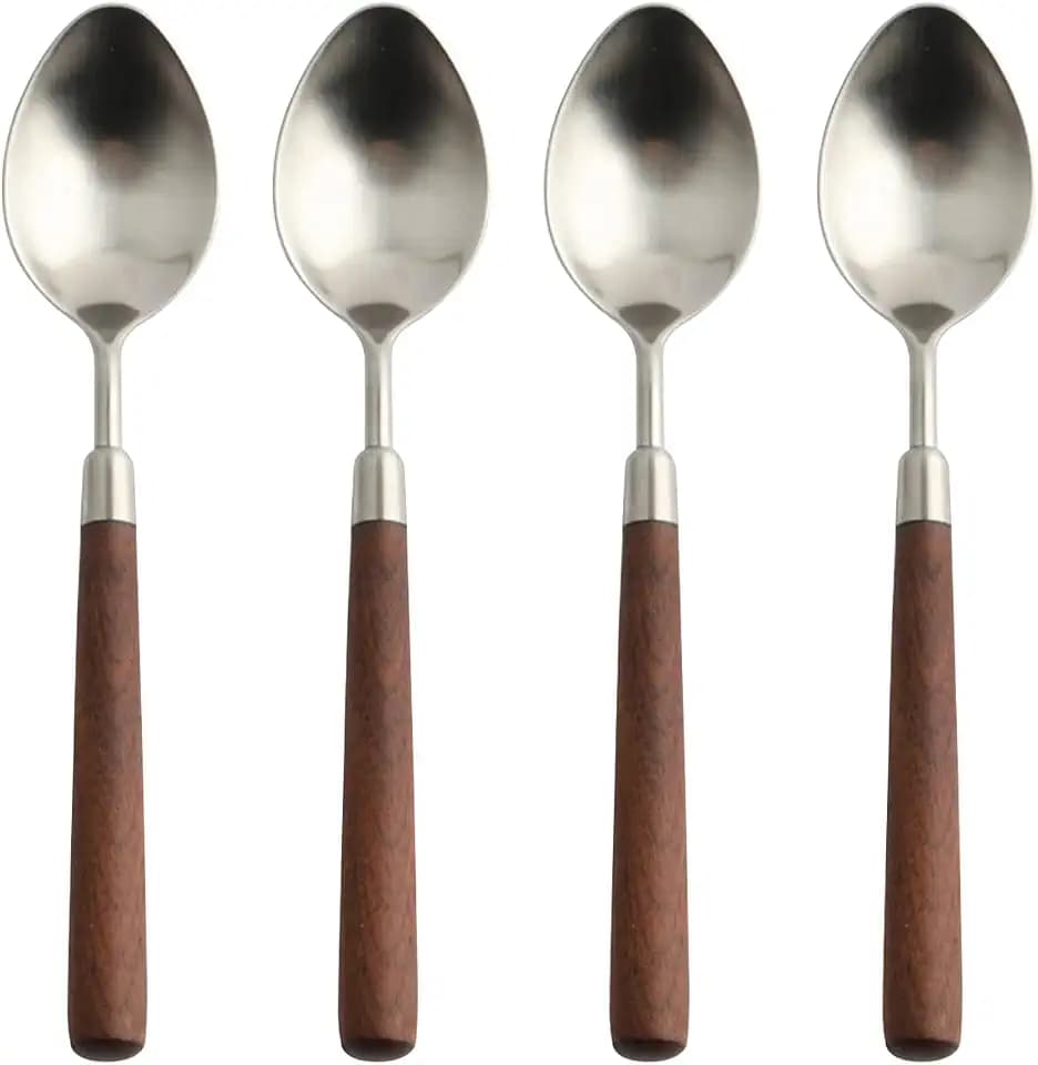 Ouliget Retro Wooden Handle Spoon,Stainless Steel Serving Tablespoons,Wooden DinnerSpoon,Silver Silverware With Brown Handle,4 Pcs.