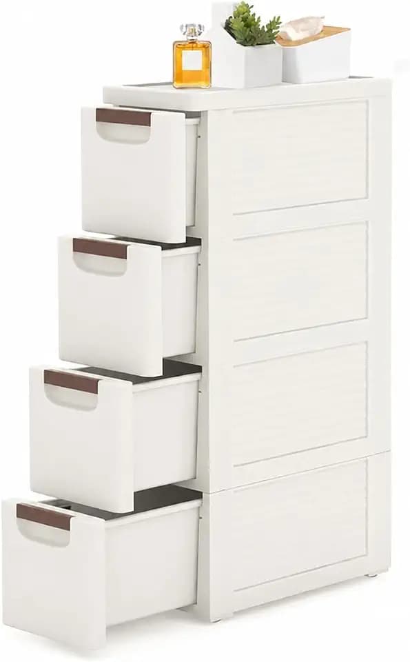 4 Drawer Slim Bathroom Cabinet, Narrow Rolling Cart Organizer, White