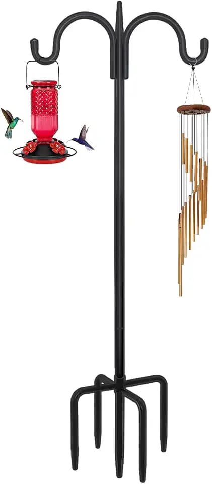 FEED GARDEN Heavy Duty Shepherds Hook 76" Double Hooks Adjustable (44/60/76") - Alloy Steel 5-Prong Base, 17lb Capacity - Easy Assembly Bird Feeder Pole for Hanging Planters, Lanterns, Wind Chimes