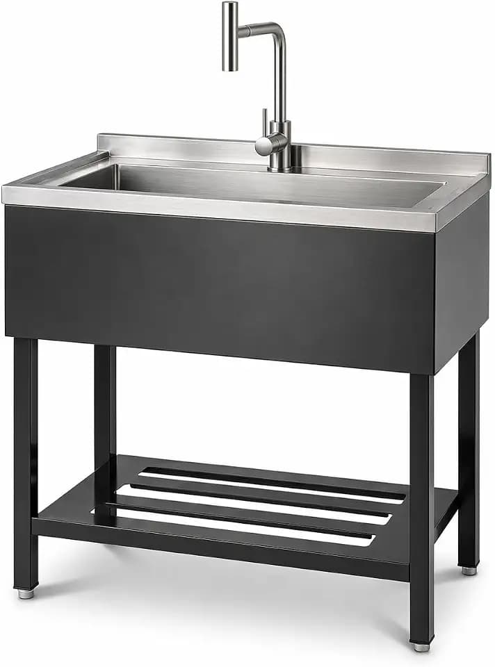 Stainless Steel Utility Sink, 36'' × 20'' × 39'' Freestanding Stainless Steel Single Bowl Laundry Sink with T Shape Faucet for Kitchen, Bathroom, Garage or Basement, Easy Install