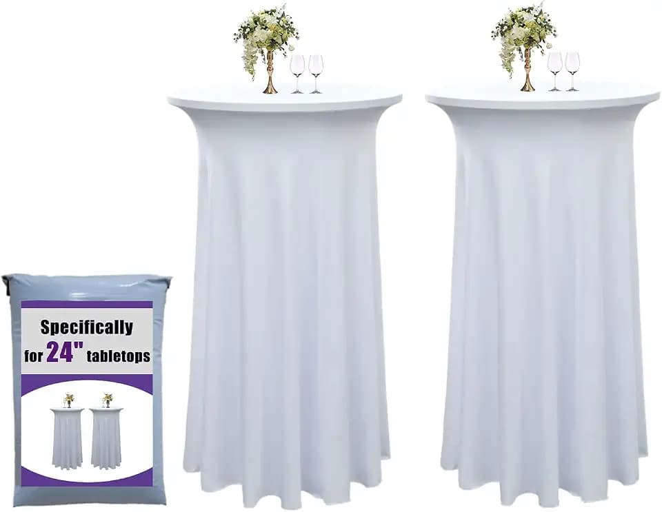 2 Pack 24"x43" White Spandex Cocktail Table Skirt, Fits 24" Round Tables