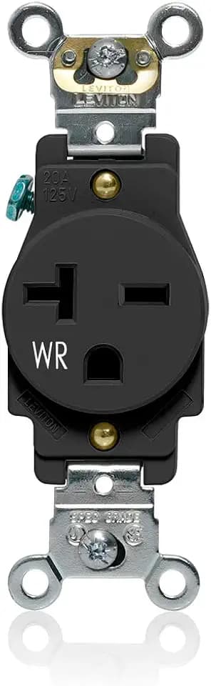 Leviton Single Receptacle Outlet, Weather-Resistant, 20 Amp, 250 Volt, Heavy-Duty Industrial Specification Grade, Back or Side Wire, Self-Grounding, W5461-E, Black