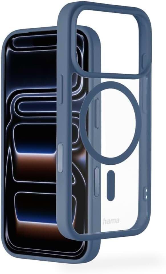 Hama Handyhülle für iPhone 17 Pro und MagSafe (magnetisches Case für induktives Laden, Kantenschutz, Kameraschutz, Anti Rutsch Oberfläche, geschützte Seitentasten) durchsichtig/blau