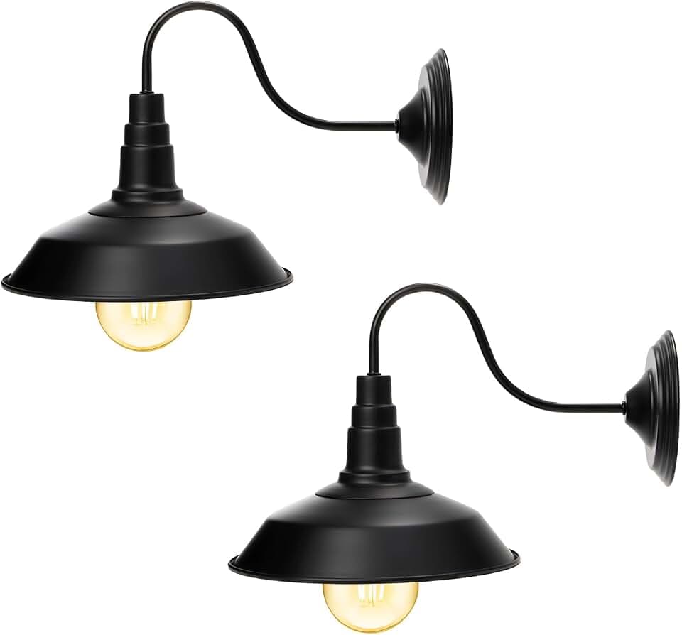 Cedilis 2 Pack Black Wall Sconce Light, Retro Flat Barn Lights, Farmhouse Gooseneck Wall Lamp, Vintage Industrial Fixture Led Light Outside for Pathway, Bathrooms and Living Room, Hardwired