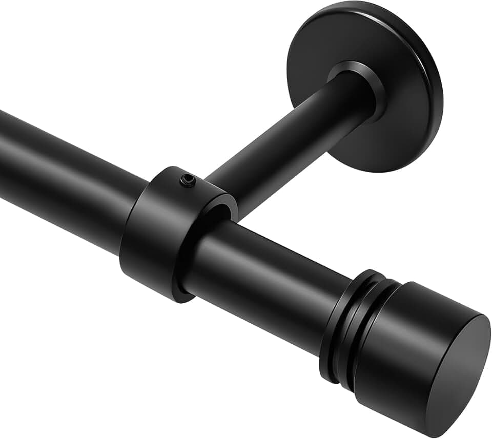Curtain Rods for Windows 48 to 86 Inches - Reinforced Metal Holders with Hidden Screws, New Metal Finials, 1" Diameter Thick Heavy Duty Drapery Rod, for Bedroom Living Room Patio Decoration, Black